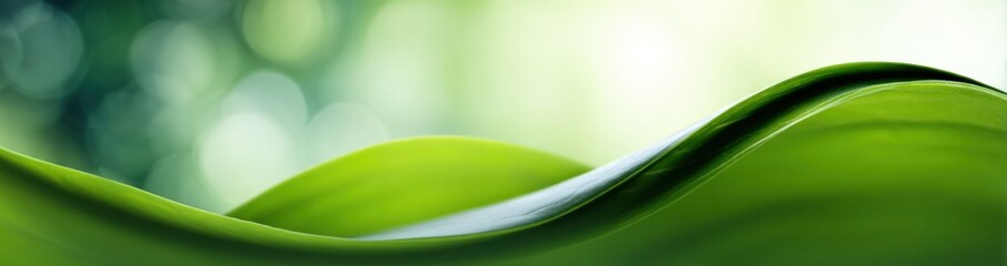 Abstract green flowing waves with smooth curves and glossy surface, set against soft bokeh background in shades of green and blue.