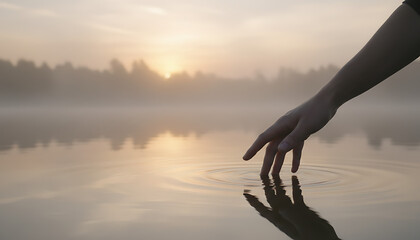 A person's hand gently touches the tranquil water surface, creating ripples during a misty sunrise over a serene lake.