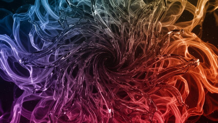 A vivid abstract artwork resembling a swirling liquid explosion with rich gradients of red, purple, and blue. Dynamic, high-energy composition with fluid motion and realistic depth.
