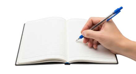Person writing in a notebook with a pen on a plain surface view close on transparent background
