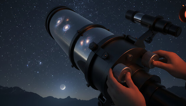 A person adjusts a telescope, observing the night sky filled with stars and galaxies.