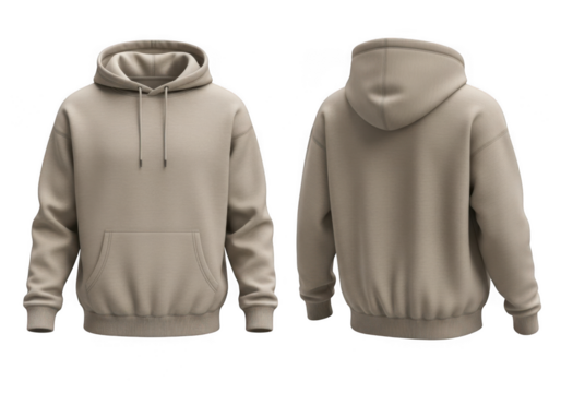 Two views of a beige hooded sweatshirt isolated on transparent background