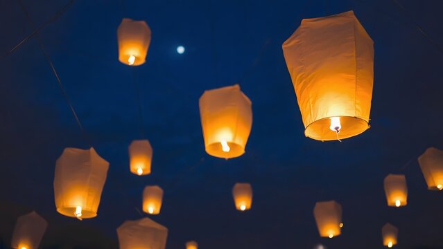 Floating Paper Lanterns in Night Sky
