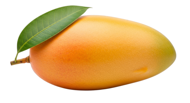 Close up of a single ripe mango fruit with a vibrant green leaf on top on transparent background