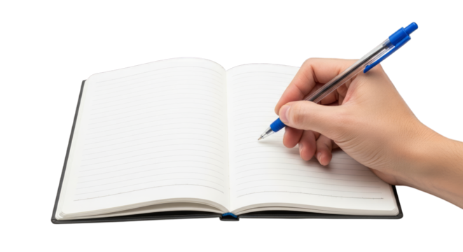 Person writing in a notebook with a pen on a plain surface view close on transparent background
