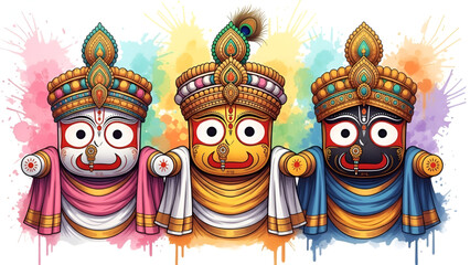Jagannath deity artwork showing vibrant divine idols with colorful traditional ornaments expressive faces spiritual presence cultural heritage festive atmosphere bright background artistic sacred 