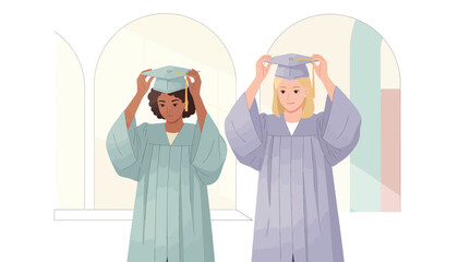 Graduation Ceremony Two Students Wearing Gowns, Celebrating Higher Education Achievements