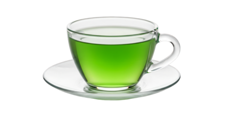 A cup of green liquid on a saucer against a plain simple setting on transparent background