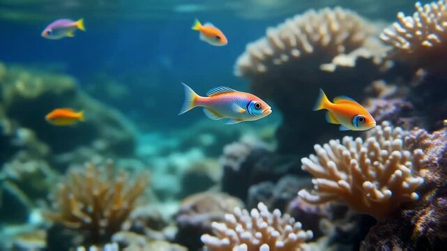 Macro cinematic view of small tropical fish swimming near coral, natural sunlight reflection, ultra-clean water tone.