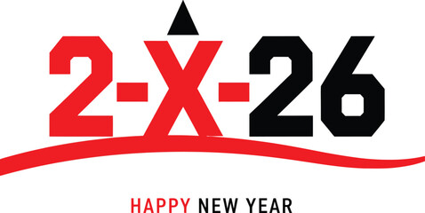 Fototapeta premium Bold Happy New Year 2026 text design featuring stylized red and black typography with a star and a dynamic red swoosh.