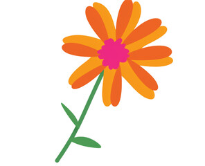 Vibrant stylized flower graphic with orange and yellow petals, pink center, stem isolated on transparent background
