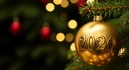 2026 Gold Bauble on Pine with Dark Copy Space