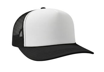 A blank white and black trucker hat for customization isolated on transparent background