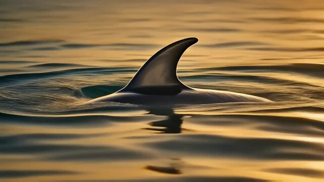 Macro cinematic shot of dolphin fin slicing through golden water surface, gentle ripple motion, warm serene light.