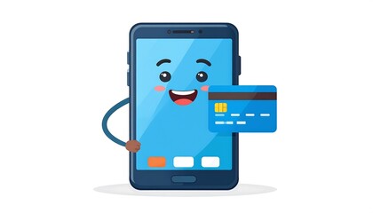 A cartoon smartphone with a friendly face happily presents a blue credit card. It has a rounded screen, home button and animated features