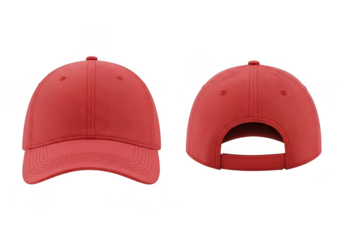 Two red baseball caps displayed from different angles isolated on transparent background