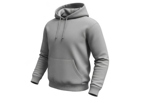 A plain grey hooded sweatshirt with a front pocket isolated on transparent background