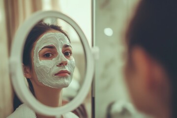 A young woman with long brown hair and a serene expression, applying a white facial mask to her face in a bathroom mirror.