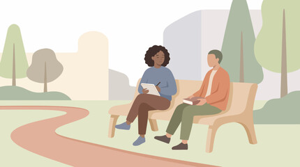 Students Study Together Outdoors A Diverse Pair on a Bench Discussing Educational Material