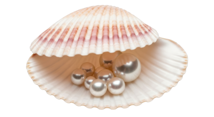 Collection of lustrous gems nestled inside a delicate seashell home on transparent background