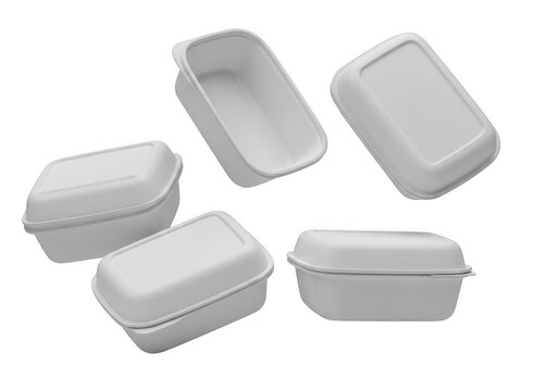 Collection of five white disposable food containers isolated on transparent background