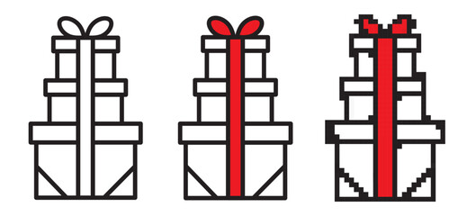 Obraz premium Festive gift box icon set with editable stroke, colorful flat style and retro pixel art