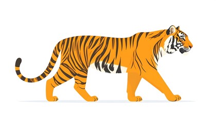 A flat-colored, stylized illustration portrays a majestic tiger, walking in profile against a bright white background. It showcases the feline?s striped pattern