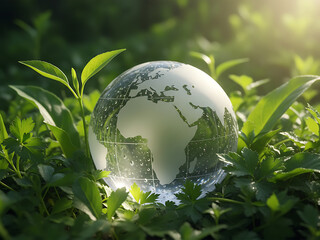 A drop of water, transformed into a fragile globe amid green shoots, reflects global ecological vulnerability, perfect atmospheric backdrop for presentations on climate challenges, Global Ecological 