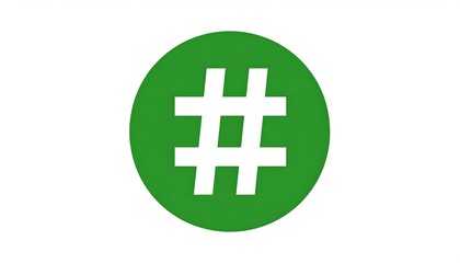 Obraz premium A large, green circle contains a white hashtag symbol. The background is pure white, highlighting the simple graphic