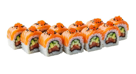 Close up of a row of sushi rolls topped with salmon and fish roe on transparent background