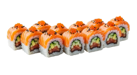 Close up of a row of sushi rolls topped with salmon and fish roe on transparent background