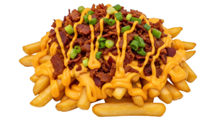 Golden fries smothered in cheese bacon and scallions close up view on transparent background