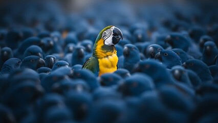 A solitary, brightly colored parrot stands out amidst a large flock of blue parrots, symbolizing individuality and uniqueness