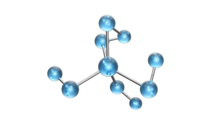 Molecular structure with spheres connected by rods on a plain area on transparent background