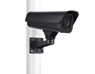 A sleek, black security camera, mounted on a white pole, angled, capturing a wide field of view. The design is modern