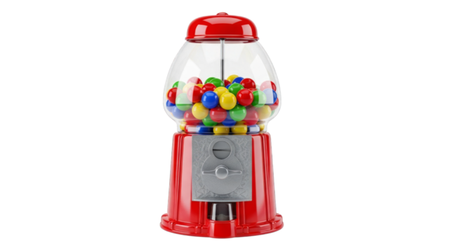 A bright vending machine full of colorful gumballs on a plain stage on transparent background