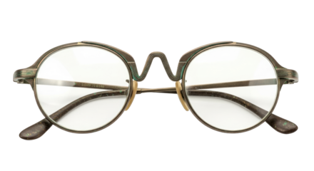Close up view of round eyeglasses with detailed bridge and temples on transparent background