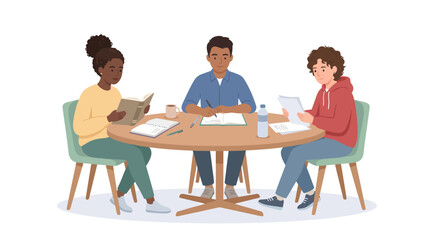 Diverse Study Group Engaged in Collaborative Learning Around a Table with Books