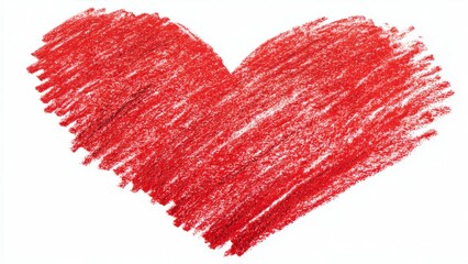 Red Heart Shape Drawn with Crayon on White Background, Symbol of Love and Affection