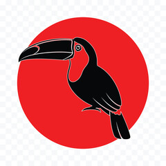 Obraz premium Black toucan silhouette perched against a large red circle with white outlines bird