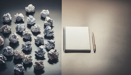 Crumpled papers beside empty notebook symbolizing creative block frustration perseverance and search for clarity
