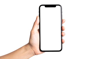 A person's hand, against a stark white backdrop, grasps a modern black phone with a blank screen