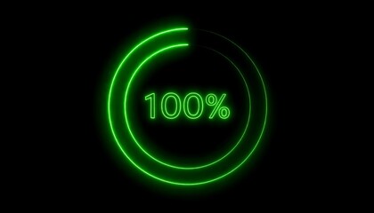 A glowing green neon ring displaying "100%" on a stark black background. The full circle emphasizes completion