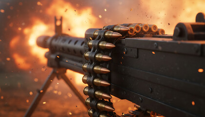 Powerful machine gun firing in combat during battle with ammunition visible close