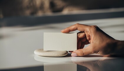 Hand holding blank business card in warm minimalist setting ready for branding or corporate identity design