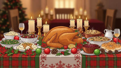 Festive Thanksgiving feast with golden roasted turkey, cranberry sauce, and holiday decorations, perfect for invitations and seasonal celebrations