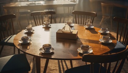 Round table with multiple coffee cups in warm hazy light symbolizing gathering anticipation reflection and shared moments