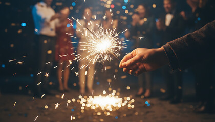A person holds a sparkler in front of a group of celebrating people at night.