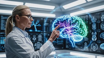 Scientist analyzing brain scans and neurological data on digital screens. - Powered by Adobe