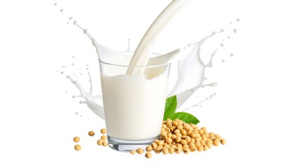 A stream of liquid pouring into a transparent glass, creating a splash. Soybeans and green leaves are next to the glass